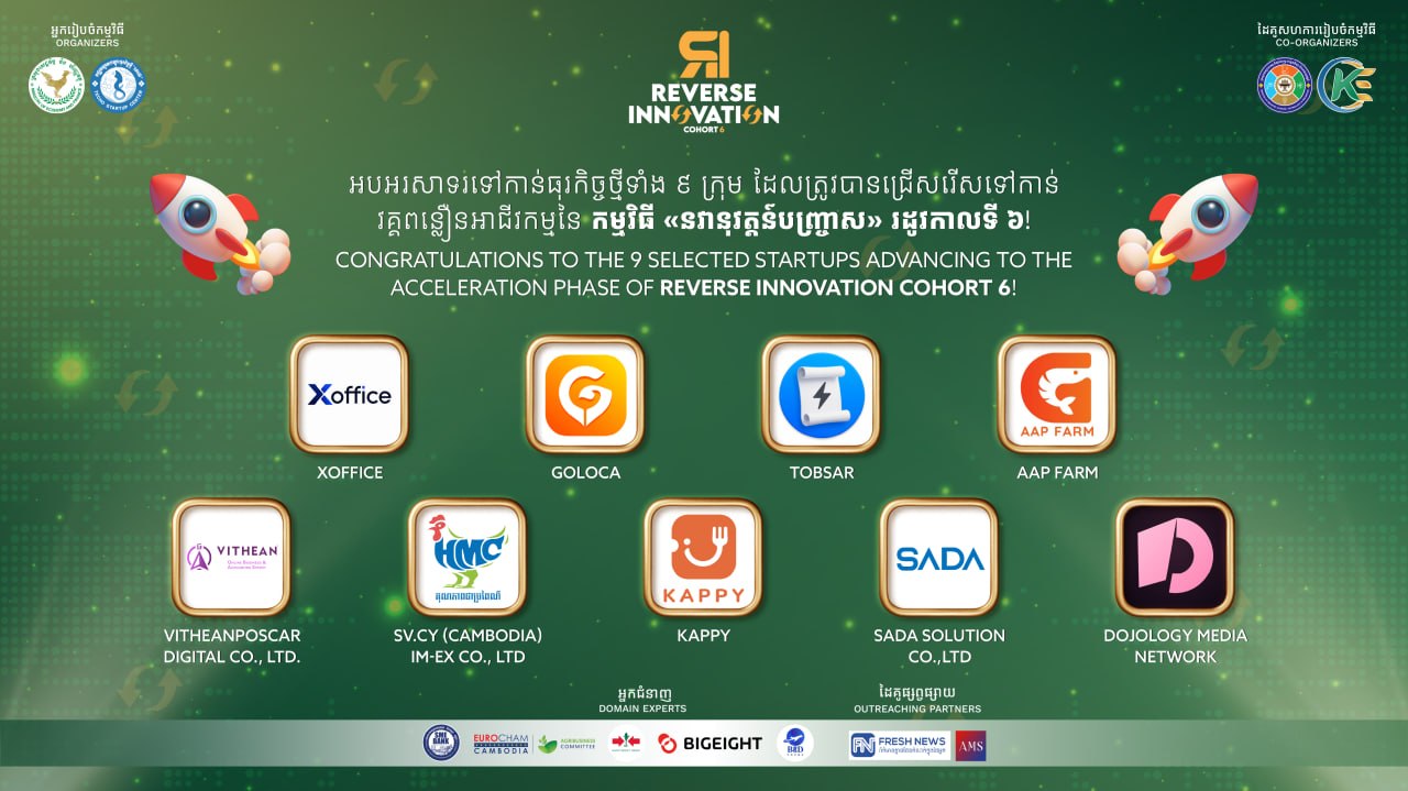 Reverse Innovation Cohort 6 announcement graphic listing the nine selected startups, including Vithean (POSCAR Digital Co., Ltd.)